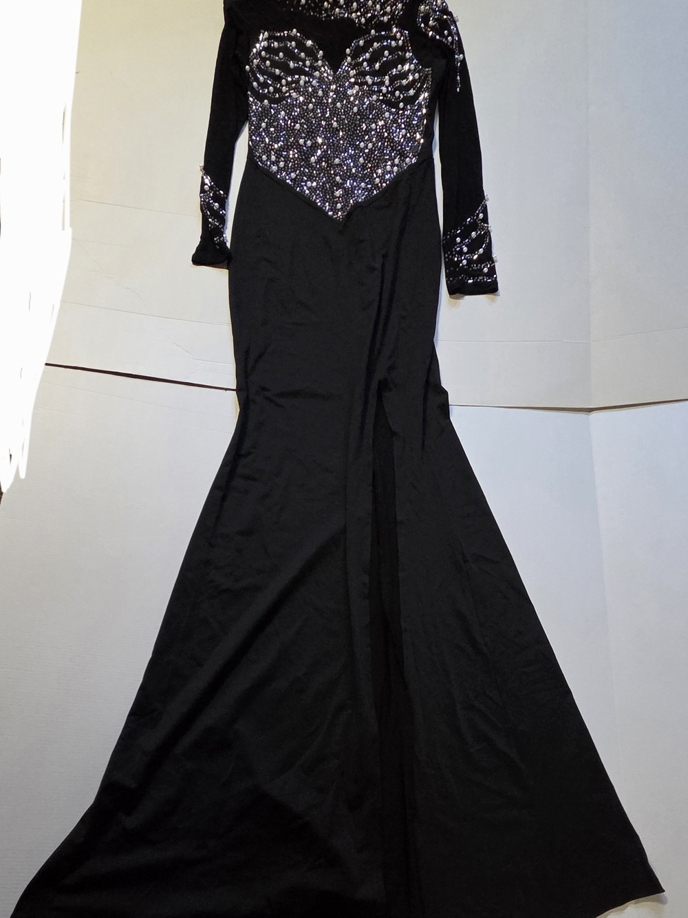 Black Long-Sleeve Beaded Evening Gown